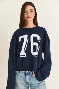 Bianco Lucci Women's Navy Blue Print Detailed Long Sleeve Oversize Modal Blouse 12511 - Image 2