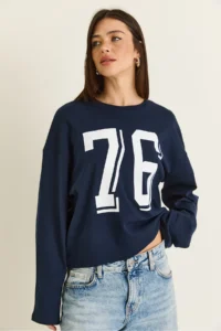 Bianco Lucci Women's Navy Blue Print Detailed Long Sleeve Oversize Modal Blouse 12511 - Image 3