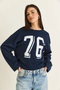 Bianco Lucci Women's Navy Blue Print Detailed Long Sleeve Oversize Modal Blouse 12511 - Image 4