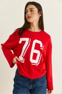 Bianco Lucci Women's Red Print Detailed Long Sleeve Oversize Modal Blouse 12511 - Image 2