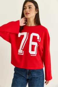 Bianco Lucci Women's Red Print Detailed Long Sleeve Oversize Modal Blouse 12511 - Image 5