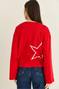 Bianco Lucci Women's Red Print Detailed Long Sleeve Oversize Modal Blouse 12511 - Image 7