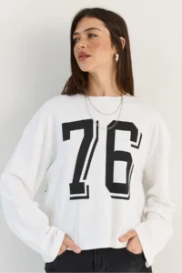Bianco Lucci Women's White Print Detailed Long Sleeve Oversize Modal Blouse 12511