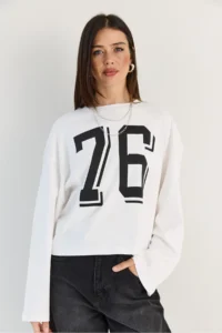 Bianco Lucci Women's White Print Detailed Long Sleeve Oversize Modal Blouse 12511 - Image 2