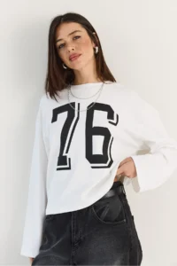 Bianco Lucci Women's White Print Detailed Long Sleeve Oversize Modal Blouse 12511 - Image 4