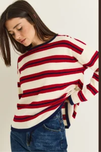 Bianco Lucci Women's Beige-Red Crew Neck Striped Oversize Fine Knitwear Blouse 0543
