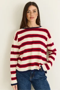 Bianco Lucci Women's Beige-Red Crew Neck Striped Oversize Fine Knitwear Blouse 0543 - Image 2