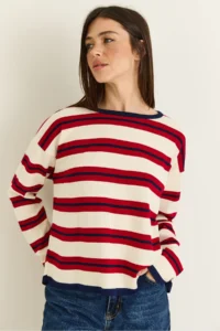 Bianco Lucci Women's Beige-Red Crew Neck Striped Oversize Fine Knitwear Blouse 0543 - Image 3