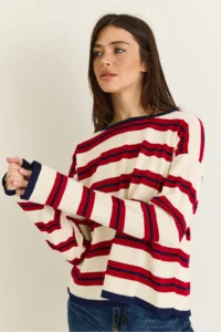 Bianco Lucci Women's Beige-Red Crew Neck Striped Oversize Fine Knitwear Blouse 0543 - Image 4