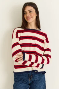 Bianco Lucci Women's Beige-Red Crew Neck Striped Oversize Fine Knitwear Blouse 0543 - Image 5