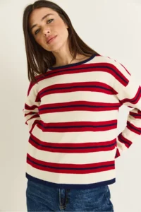 Bianco Lucci Women's Beige-Red Crew Neck Striped Oversize Fine Knitwear Blouse 0543 - Image 6