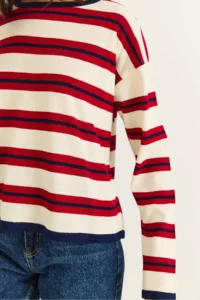 Bianco Lucci Women's Beige-Red Crew Neck Striped Oversize Fine Knitwear Blouse 0543 - Image 7