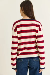 Bianco Lucci Women's Beige-Red Crew Neck Striped Oversize Fine Knitwear Blouse 0543 - Image 8