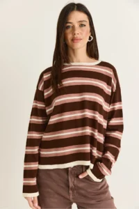 Bianco Lucci Women's Brown-Cream Crew Neck Striped Oversize Thin Knitwear Blouse 0543 - Image 2