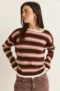 Bianco Lucci Women's Brown-Cream Crew Neck Striped Oversize Thin Knitwear Blouse 0543 - Image 3