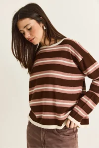 Bianco Lucci Women's Brown-Cream Crew Neck Striped Oversize Thin Knitwear Blouse 0543 - Image 4