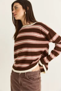 Bianco Lucci Women's Brown-Cream Crew Neck Striped Oversize Thin Knitwear Blouse 0543 - Image 5