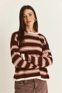 Bianco Lucci Women's Brown-Cream Crew Neck Striped Oversize Thin Knitwear Blouse 0543 - Image 6