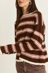 Bianco Lucci Women's Brown-Cream Crew Neck Striped Oversize Thin Knitwear Blouse 0543 - Image 7