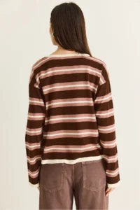 Bianco Lucci Women's Brown-Cream Crew Neck Striped Oversize Thin Knitwear Blouse 0543 - Image 8