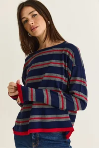 Bianco Lucci Women's Navy Blue-Red Crew Neck Striped Oversize Thin Knitwear Blouse 0543