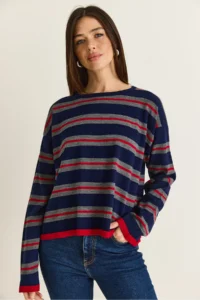Bianco Lucci Women's Navy Blue-Red Crew Neck Striped Oversize Thin Knitwear Blouse 0543 - Image 2