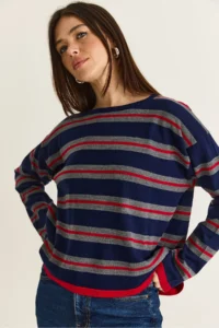 Bianco Lucci Women's Navy Blue-Red Crew Neck Striped Oversize Thin Knitwear Blouse 0543 - Image 3
