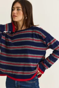 Bianco Lucci Women's Navy Blue-Red Crew Neck Striped Oversize Thin Knitwear Blouse 0543 - Image 4