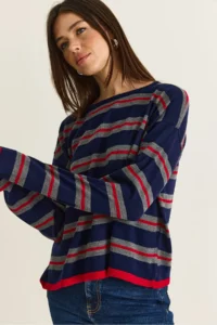 Bianco Lucci Women's Navy Blue-Red Crew Neck Striped Oversize Thin Knitwear Blouse 0543 - Image 5