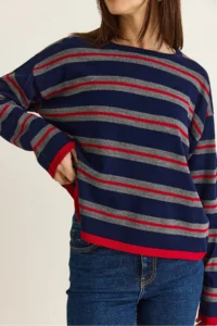 Bianco Lucci Women's Navy Blue-Red Crew Neck Striped Oversize Thin Knitwear Blouse 0543 - Image 6