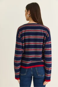 Bianco Lucci Women's Navy Blue-Red Crew Neck Striped Oversize Thin Knitwear Blouse 0543 - Image 7