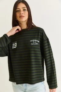 Bianco Lucci Women's Green-Black Striped Digital Print Detailed Oversize Long Sleeve T-Shirt 925