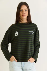 Bianco Lucci Women's Green-Black Striped Digital Print Detailed Oversize Long Sleeve T-Shirt 925 - Image 2