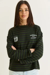 Bianco Lucci Women's Green-Black Striped Digital Print Detailed Oversize Long Sleeve T-Shirt 925 - Image 3