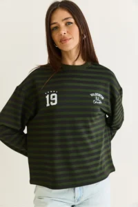 Bianco Lucci Women's Green-Black Striped Digital Print Detailed Oversize Long Sleeve T-Shirt 925 - Image 5