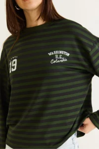Bianco Lucci Women's Green-Black Striped Digital Print Detailed Oversize Long Sleeve T-Shirt 925 - Image 6