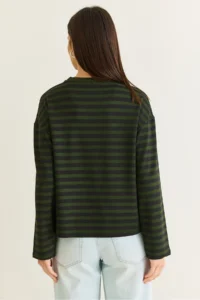 Bianco Lucci Women's Green-Black Striped Digital Print Detailed Oversize Long Sleeve T-Shirt 925 - Image 7