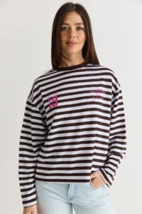 Bianco Lucci Women's White-Brown Striped Digital Print Detailed Oversize Long Sleeve T-Shirt 925 - Image 2
