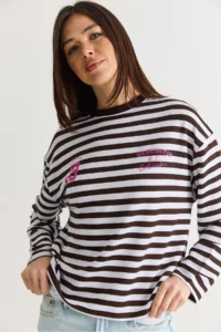 Bianco Lucci Women's White-Brown Striped Digital Print Detailed Oversize Long Sleeve T-Shirt 925 - Image 3