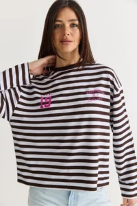 Bianco Lucci Women's White-Brown Striped Digital Print Detailed Oversize Long Sleeve T-Shirt 925 - Image 4