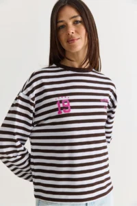 Bianco Lucci Women's White-Brown Striped Digital Print Detailed Oversize Long Sleeve T-Shirt 925 - Image 5