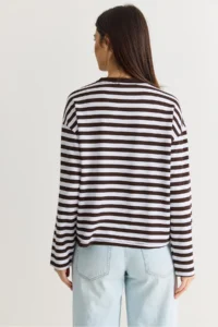 Bianco Lucci Women's White-Brown Striped Digital Print Detailed Oversize Long Sleeve T-Shirt 925 - Image 7