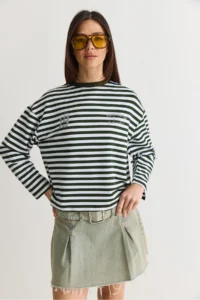 Bianco Lucci Women's White-Green Striped Digital Print Detailed Oversize Long Sleeve T-Shirt 925 - Image 2