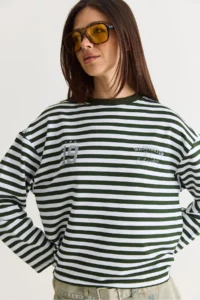 Bianco Lucci Women's White-Green Striped Digital Print Detailed Oversize Long Sleeve T-Shirt 925 - Image 3