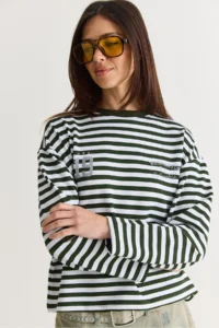 Bianco Lucci Women's White-Green Striped Digital Print Detailed Oversize Long Sleeve T-Shirt 925 - Image 4