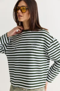 Bianco Lucci Women's White-Green Striped Digital Print Detailed Oversize Long Sleeve T-Shirt 925 - Image 5