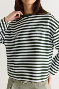 Bianco Lucci Women's White-Green Striped Digital Print Detailed Oversize Long Sleeve T-Shirt 925 - Image 6