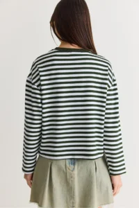 Bianco Lucci Women's White-Green Striped Digital Print Detailed Oversize Long Sleeve T-Shirt 925 - Image 7
