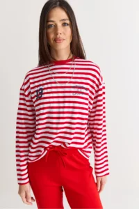 Bianco Lucci Women's White-Red Striped Digital Print Detailed Oversize Long Sleeve T-Shirt 925 - Image 2