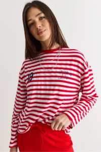 Bianco Lucci Women's White-Red Striped Digital Print Detailed Oversize Long Sleeve T-Shirt 925 - Image 3